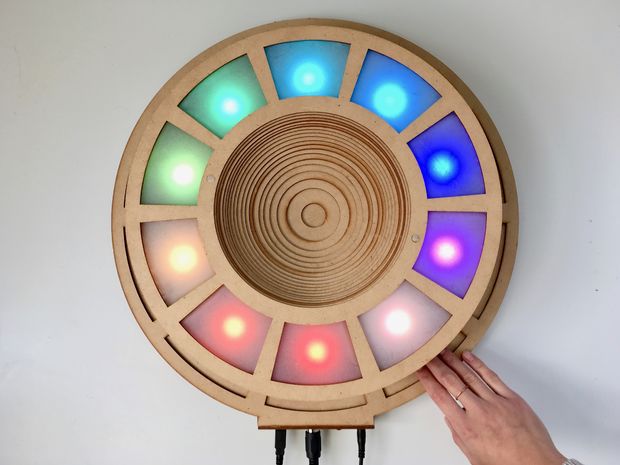 The picture above shows the LED Eclipse invented by Jonathan Bumstead.
Source: https://makezine.com/2018/01/05/led-glowing-musical-instrument/ 