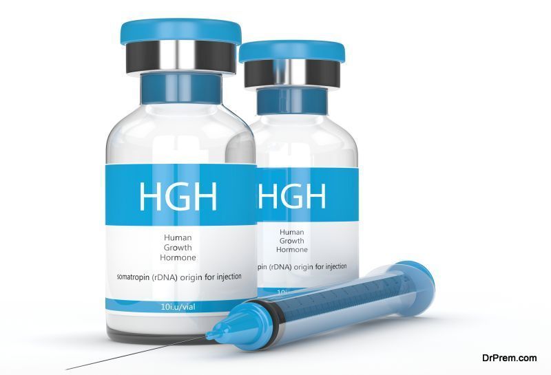 3d render of HGH vials with syringe over white