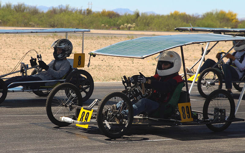 Students brought their solar-powered go-karts to a track in Tucson to do practce runs and safety checks to prepare for the race in late April.  (Photo by Erica Apodaca/Cronkite News)
