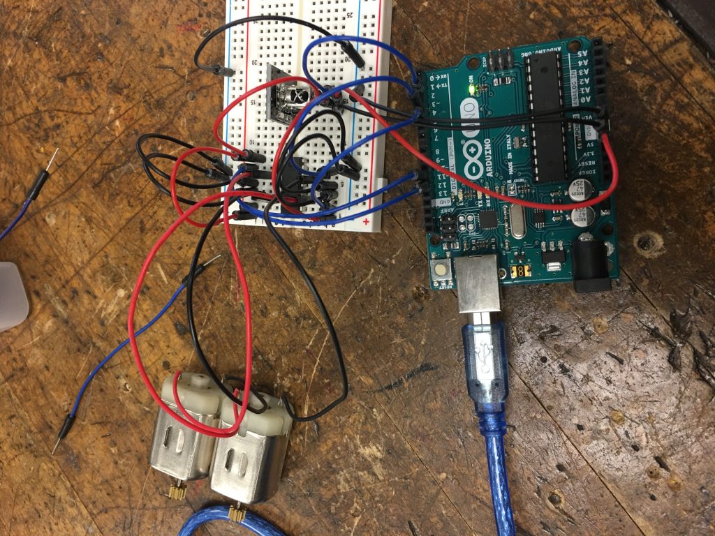 Wires connecting to arduino and DC motors.