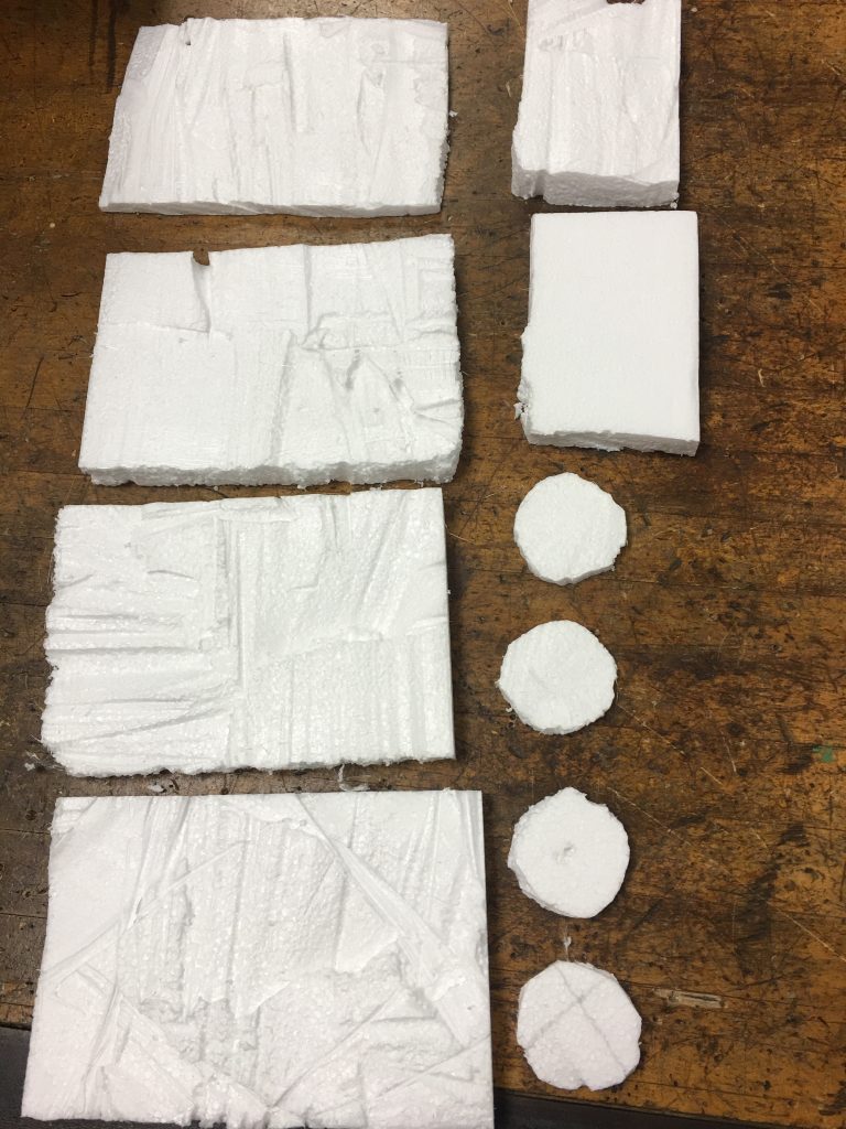 Pieces of styrofoam, 4 circles, 4 big rectangles, 2 small rectangles