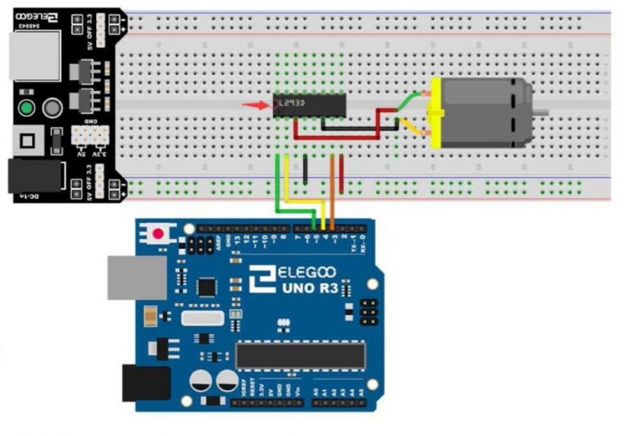 Aruino project layout.  Image source
https://toptechboy.com/arduino-tutorial-37-understanding-how-to-control-dc-motors-in-projects/motor-jjpg/