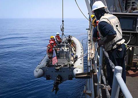 200602-N-VP266-1094 
GULF OF OMAN (June 2, 2020) Sailors assigned to the amphibious dock landing ship USS Oak Hill (LSD 51) raise a rigid-hull inflatable boat to the ship’s boat deck during small boat operations, June 2, 2020. Oak Hill, with the Bataan Amphibious Ready Group and with embarked 26th Marine Expeditionary Unit (MEU), is deployed to the 5th Fleet area of operations in support of naval operations to ensure maritime stability and security in the Central Region, connecting the Mediterranean and Pacific through the western Indian Ocean and three critical choke points to the free flow of global commerce. (U.S. Navy photo by Mass Communication Specialist 3rd Class Griffin Kersting/Released)