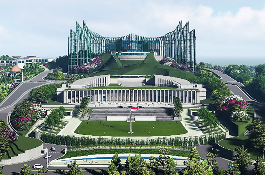 This undated handout showing computer-generated imagery released by Nyoman Nuarta on January 18, 2022 shows a design illustration of Indonesias future presidential palace in East Kalimantan, as part of the countrys relocation of its capital from slowly sinking Jakarta to a site 2,000 kilometres (1,200 miles) away on jungle-clad Borneo island that will be named Nusantara. (Photo by HANDOUT / NYOMAN NUARTA / AFP) / RESTRICTED TO EDITORIAL USE - COMPUTER-GENERATED IMAGERY - MANDATORY CREDIT AFP PHOTO /  NYOMAN NUARTA  - NO MARKETING - NO ADVERTISING CAMPAIGNS - DISTRIBUTED AS A SERVICE TO CLIENTS