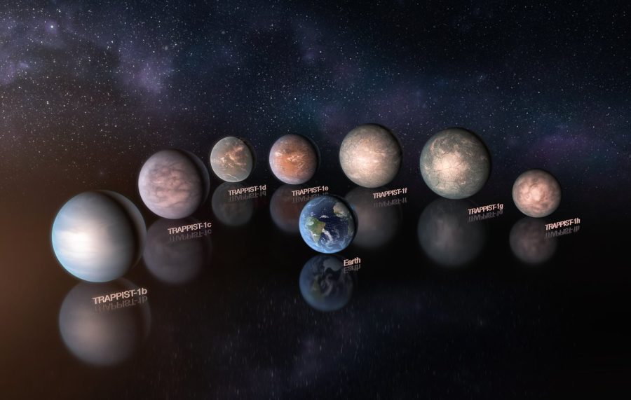 This artist’s impression compares the seven planets orbiting the ultra-cool red dwarf star TRAPPIST-1 to the Earth at the same scale. New observations, when combined with very sophisticated analysis, have now yielded good estimates of the densities of all seven of the Earth-sized planets and suggest that they are rich in volatile materials, probably water. They are shown to the same scale but not in the correct relative positions.