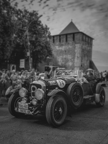 grayscale photo of vintage car