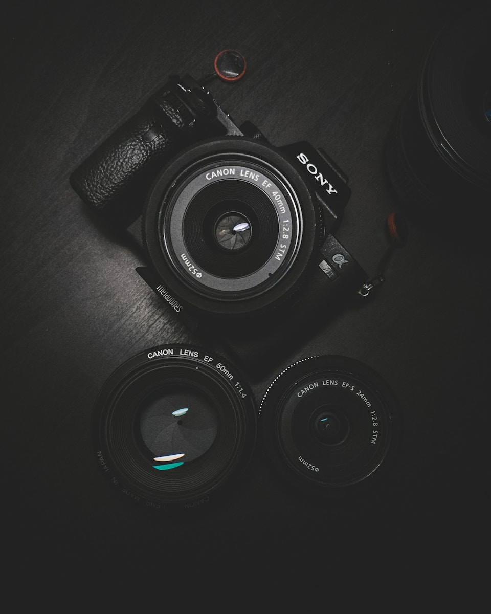 flat lay photography of black Sony DSLR camera on black surface